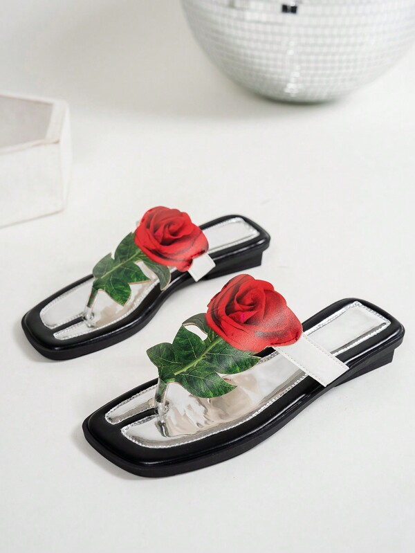Women Rose Print Flat Slip-On Sandals, Bohemian Style Beach Slippers For Summer