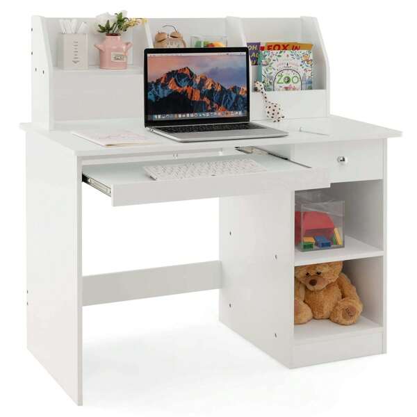 Lifezeal Kids Study Desk Children Writing Table With Hutch Drawer Shelves & Keyboard Tray