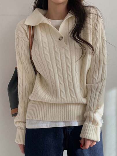 Women's Solid Color Elegant Polo Collar Long Sleeve Cable Knit Loose Casual Sweater, Autumn/Winter