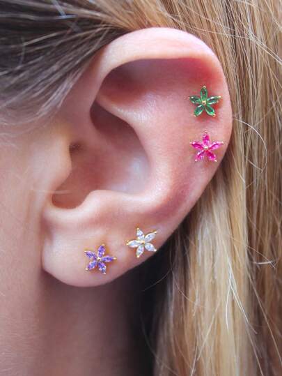 1 pieza Pendientes de botón con flor de circonita de acero inoxidable, pendientes de cartílago de oreja de color dorado para mujeres, joyería de perforación de oreja