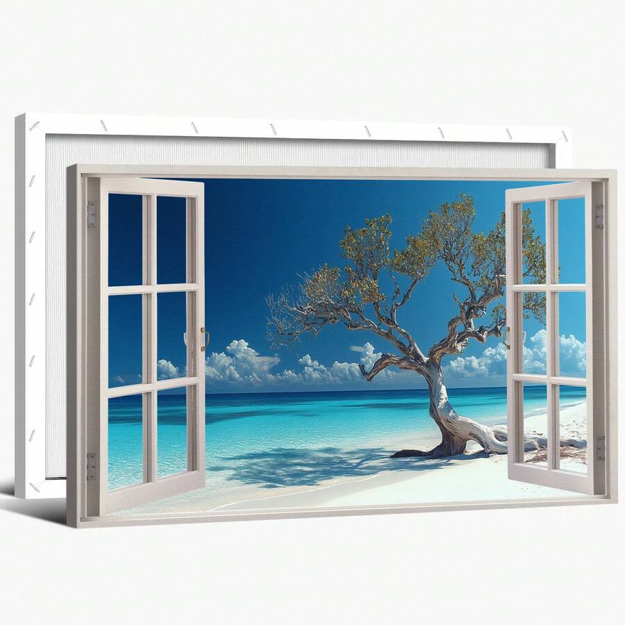GUTTATY Fake Window Scene Wall Decor, Beach Nature Fake Faux Window Wall Art, Fake Window Beach Seascape Pictures Prints, Tree & Beach Canvas Artwork For Wall For Living Room, Bedroom ,1.5 Inch Thickness Pine Frame - Multicolor - View 1