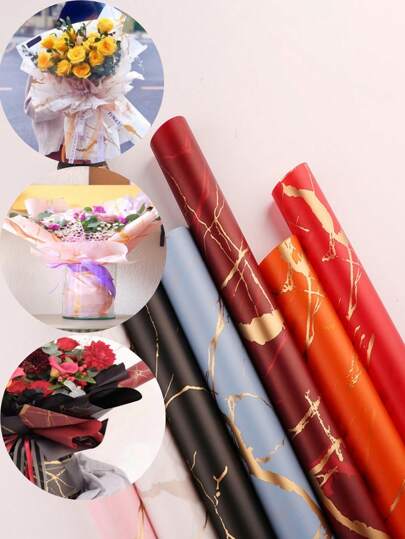 Papel de embrulho floral de mármore dourado à prova d'água, 5 peças/10 peças/20 peças, material para floricultura, artesanato faça você mesmo, para casamento, dia dos namorados, dia das mães, dia dos pais, ação de graças, suprimentos para embalagem de caixa de presente de festa de aniversário, dia dos namorados
