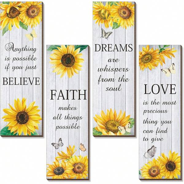 4 Pieces Sunflower Wall Decor Inspirational Sunflower Kitchen Decor Butterfly Gift Country Farmhouse Love Faith Believe Dream Wood Wall Decor Suitable For Home Office Bathroom Living Room Room Decors Garden Decor Wedding Decor Home Decors