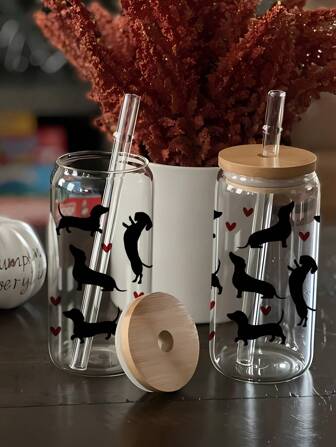 1PC17 Oz Brewing Straw Cup With Lid, Cute Dachshund Dog Jar Shaped Cup With Heart, Christmas Gift For Family And Friends, Iced Coffee Cup, Tea, Juice, Milk, Birthday Gift, Beverage, Reusable Fruit Tea Cup With Bamboo Lid And Glass Straw, Jar Shaped Glass Mason Jar Glass, Gift For Boyfriend, Father, Mother, Suitable For Valentine's Day Party Gift,