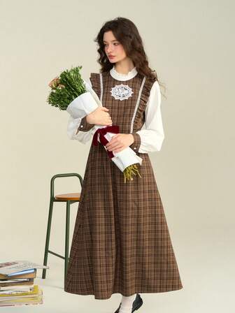 Simple Retro Women's Autumn And Winter Casual Small Collar Plaid Splicing Collision Brown Retro Elegant Long-Sleeved A-Line Long Dresses