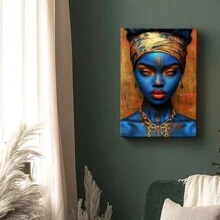 1pc Framed Wrapped Canvas Wall Art Vintage Print Woman With Blue Makeup And Gold Jewelry Canvas Classic Oil Painting Art Home Decor For Living Room, Bedroom, Office