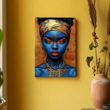 1pc Framed Wrapped Canvas Wall Art Vintage Print Woman With Blue Makeup And Gold Jewelry Canvas Classic Oil Painting Art Home Decor For Living Room, Bedroom, Office