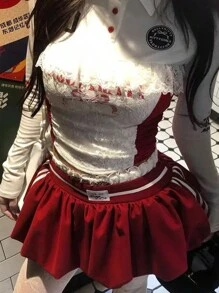 Fitness Women 2 Pieces Set Lace Letter Printed Sweatshirts Mini Skirts Matching Set 2025 Spring Y2K Streetwear Outfits - White - View 1