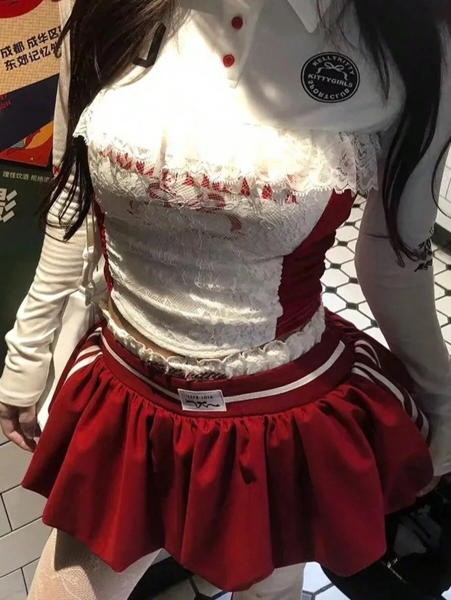 Fitness Women 2 Pieces Set Lace Letter Printed Sweatshirts Mini Skirts Matching Set 2025 Spring Y2K Streetwear Outfits - White - View 1