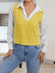 Sweater Vest Women's V-Neck Sweater Tank Tops Pullover Cable Knit Vest Solid Color Sleeveless Loose Fit Sweater Top - 黃色 - 查看 1
