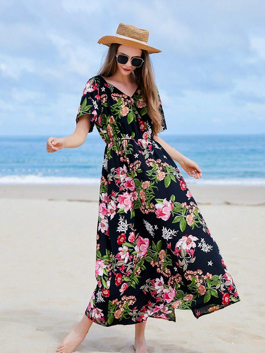 Vestido elegante de cuello en V para mujer, vestido casual de playa con estampado floral, falda larga con abertura, pajarita, vestido elegante, vestido de temperamento romántico francés, vestido blanco, adecuado para vacaciones, caminar, citas, salir