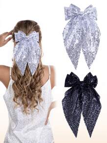 2 piezas Pinzas para el cabello de niña con lentejuelas brillantes, barrettes de cabello con cola larga y brillo dorado, pinzas para el cabello grandes, accesorios para el cabello adecuados para festivales, vacaciones, fiestas de cumpleaños - Multicolor - Ver 1