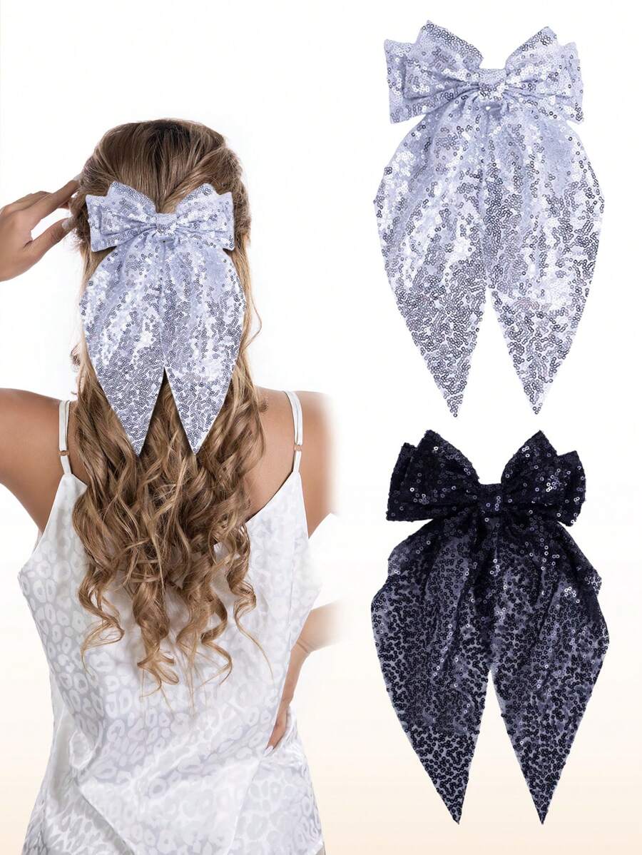 2 piezas Pinzas para el cabello de niña con lentejuelas brillantes, barrettes de cabello con cola larga y brillo dorado, pinzas para el cabello grandes, accesorios para el cabello adecuados para festivales, vacaciones, fiestas de cumpleaños - Multicolor - Ver 1