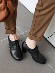 Women's Chunky Lace Up Vintage Oxfords Dress Pumps Round Toe Block Mid Heels Retro Brogues Shoes