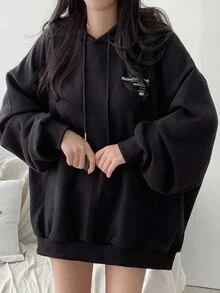 女士宽松字母印花落肩长袖休闲连帽衫 - 黑色 - 查看 4