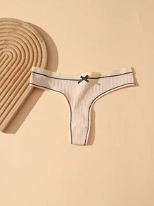 4pcs Japanese Style Ribbed Bowknot Thong Panties, Breathable Crotch Sexy Lift Hip Triangular Ladies Underwear