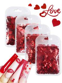Set de 4 piezas de lentejuelas con forma de corazón rojo con brillo para decoración de uñas de San Valentín, accesorios y suministros para uñas - Rojo - Ver 2