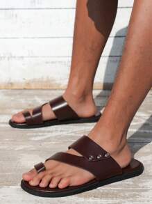 Men's Solid Color PU Sandals - Casual Minimalist Slip-On Round Toe Sandals - Spring/Summer, Autumn - Hiking And Outdoor, Daily Wear - Men - Brown - View 1