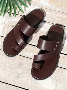 Men's Solid Color PU Sandals - Casual Minimalist Slip-On Round Toe Sandals - Spring/Summer, Autumn - Hiking And Outdoor, Daily Wear - Men - Brown - View 4