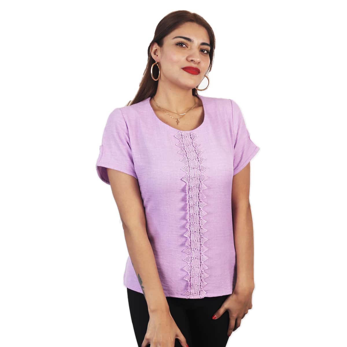 Short-Sleeved Blouse With An Incredible Guipure On The Back - Lilac Purple - View 1