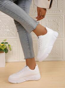 Women's White Platform Sneakers, Casual Shoes, Thick Sole Design, Non-Slip, Height Increasing, PU Leather For Students