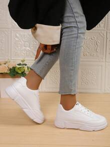 Women's White Platform Sneakers, Casual Shoes, Thick Sole Design, Non-Slip, Height Increasing, PU Leather For Students