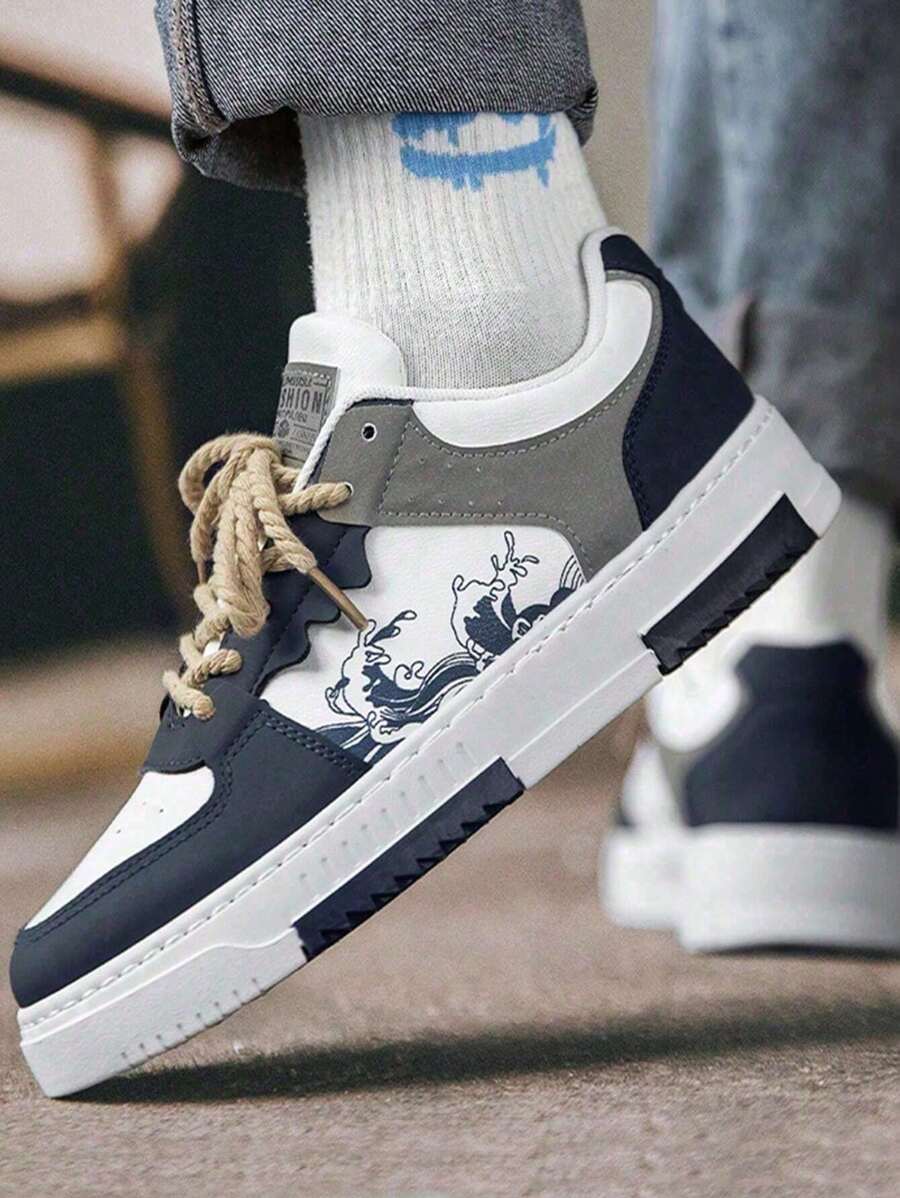 Zapatos transpirables de malla de punto ligero con,Zapatillas para correr/casual/deportivas/caminar/carretera para hombreZapatos De Skate Minimalistas De ,Zapatillas Para Hombre Con Cordones Bicolor, regalo perfecto para el inicio de clases color contrastante Patchwork Skateboard Sneaker,de hombres Zapatos deportivos anti deslizante casual Zapatos con patrón de letra patinaje sobre hielo Zapatos con con cordónZapatos de lona para hombre, ideales para un estilo de moda y comodidad - Azul Marino - Ver 1