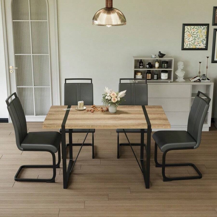 55 " Dining Table Modern Rural Industrial Rectangular MDF Wood Dining Table Set And PU Armless Dining Chair Set 4,Kitchen Black Metal Table Legs Dining Table And Chair Set - Nhiều màu - Xem 1