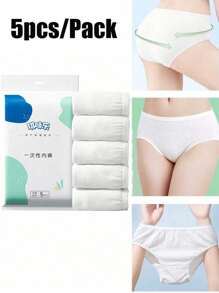 5pcs/Pack Women's Disposable Underwear, Women's Disposable Travel Panties, Sterile Panties, Women's Double-Layer Support, Cooling & Comfortable Panties, Full Coverage Triangle Briefs, Suitable For Daily Travel, Business Trips, Outdoor Activities And Daily Wear (Random Color) - White - View 1