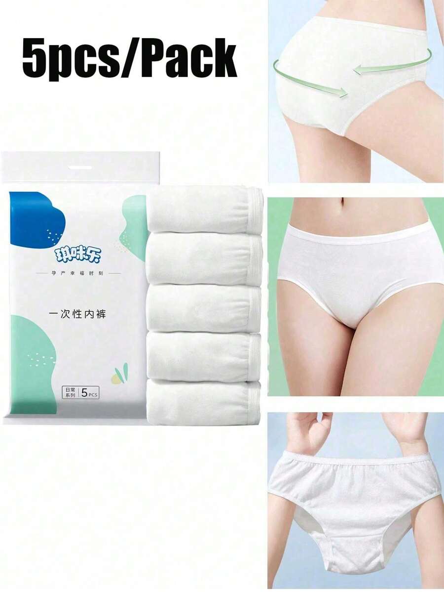 5pcs/Pack Women's Disposable Underwear, Women's Disposable Travel Panties, Sterile Panties, Women's Double-Layer Support, Cooling & Comfortable Panties, Full Coverage Triangle Briefs, Suitable For Daily Travel, Business Trips, Outdoor Activities And Daily Wear (Random Color) - White - View 1
