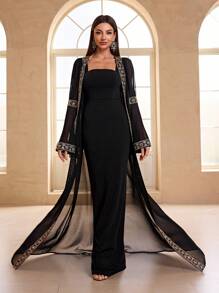 YISIKADO 2 件套女士晚会礼服，阿拉伯风格内裙和外披肩，配金色腰带和喇叭袖，婚礼宾客礼服，礼服，长袍 - 黑色 - 查看 2