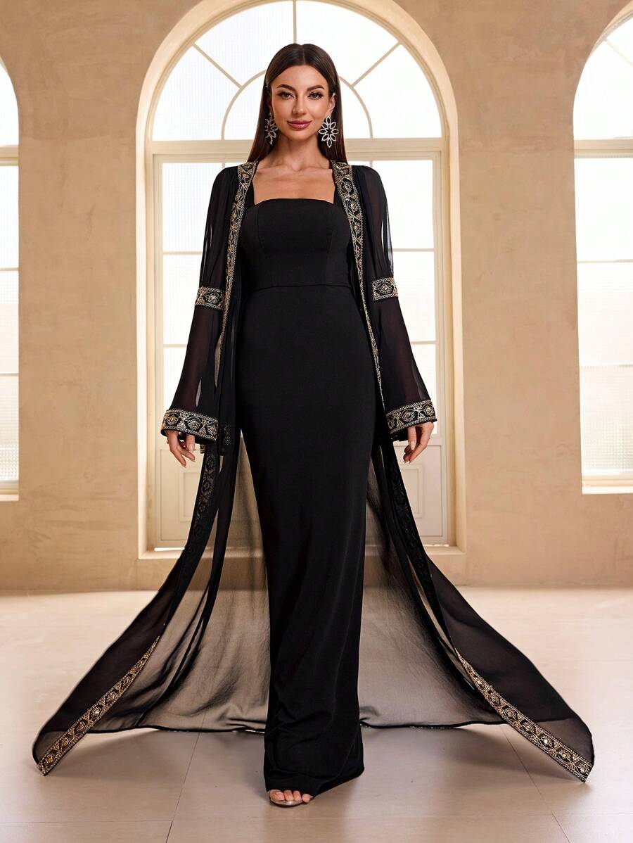 YISIKADO 2 件套女士晚会礼服，阿拉伯风格内裙和外披肩，配金色腰带和喇叭袖，婚礼宾客礼服，礼服，长袍