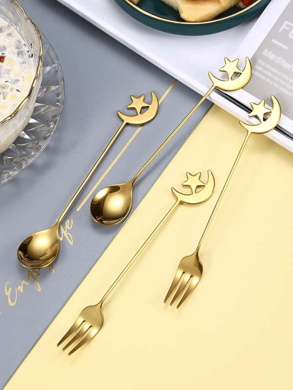 1pc Star & Moon Design Dessert Spoon, Golden Minimalist Style Luxury Home, Party, Wedding Cutlery, Sweets Fork, Coffee Cake Forks, Romantic Gifts For Friends, Husband, Boyfriend Valentine's Day