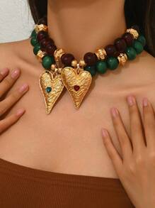 Elegant Vintage Quality Sexy Heart-Shaped Glass Inlaid Pendant With Golden Floral Pattern, Oval Resin With Asymmetrical CCB Metal Beads, Available In Bohemian, Dopamine, Brown Amber, Orange, Purple, Red Large Heart Pendant Necklaces, Asymmetrical Floral Resin Beaded Large Pendant Necklaces, High-End Women Jewelry Necklaces - Multicolor - View 2