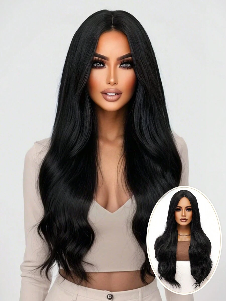 clouder Black Long Hair Wavy Synthetic Wig Women's Natural Black Hair Wig Center Parted Bangs Heat Resistant Wig Synthetic Fiber Daily Party Use Elegant Fashion Wig 34 Inch - Black - View 1
