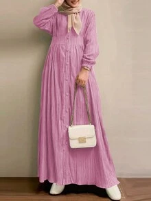 Women's Retro Long Sleeve Solid Color Dress, Spring/Autumn New Elegant Casual Comfortable Dress Ladies,Modest - Coral Pink - View 2