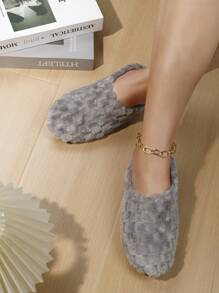 女士时尚格子蓬松仿毛家居拖鞋、室内地板袜、冬季保暖轻便卧室拖鞋 - 灰色 - 查看 2