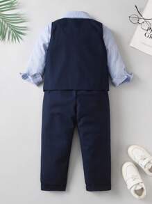 Young Boys Formal Wear Set, Includes Striped Long Sleeve Shirt + Bow Tie + Vest & Pants, Gentleman Style For Banquet, Birthday Party, School Ceremony - Royal Blue - View 2