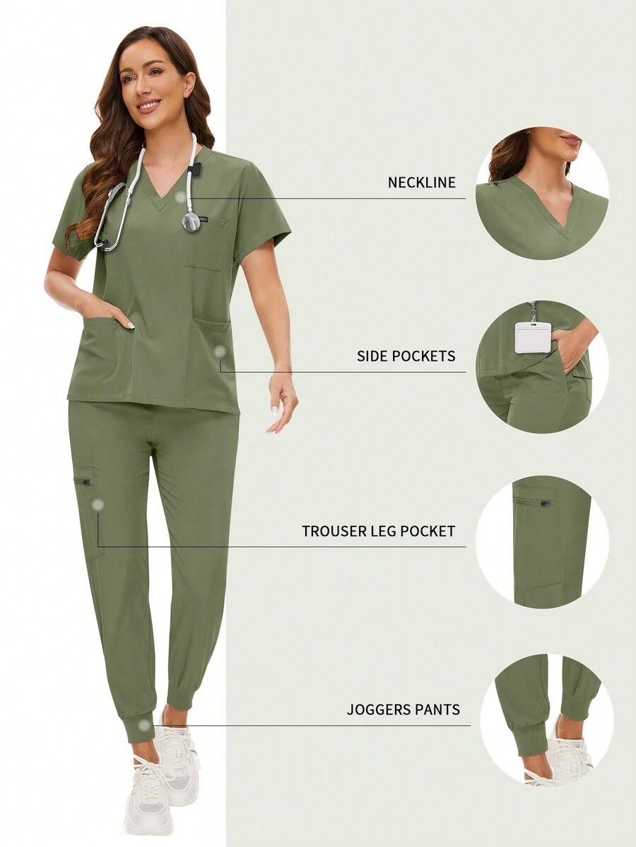 Conjunto de uniformes quirúrgicos para mujer, conjunto de ropa de trabajo para enfermera, salón de belleza, clínica, top y pantalones de uniforme médico, traje de primavera para doctor, enfermería y clínica - Verde Oliva - Ver 1