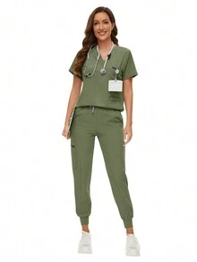 Conjunto de uniformes quirúrgicos para mujer, conjunto de ropa de trabajo para enfermera, salón de belleza, clínica, top y pantalones de uniforme médico, traje de primavera para doctor, enfermería y clínica - Verde Oliva - Ver 2