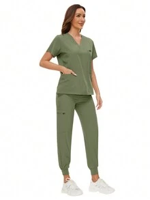 Conjunto de uniformes quirúrgicos para mujer, conjunto de ropa de trabajo para enfermera, salón de belleza, clínica, top y pantalones de uniforme médico, traje de primavera para doctor, enfermería y clínica - Verde Oliva - Ver 7
