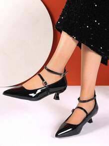 [Qishangda] Brand Shoes, 2025 Spring/Autumn/Winter New Arrival French Sexy Pointed Toe Low Heel Versatile Single Strap High Heel Pumps - Black - View 3