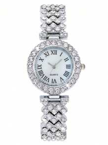 2 件裝女士羅馬數字和水鑽裝飾石英手錶和心形吊飾手鍊套裝,適合日常佩戴 - 銀色 - 查看 6