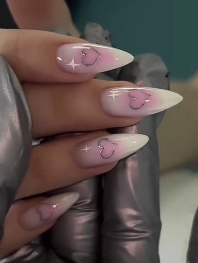 24Pcs Valentine'S Day Style Autumn/Winter Color Nail Tips With Golden Heart Design, 1 Nail File + 1 Gel Nail Polish Nails Press On Nails Nail Supplies Nails