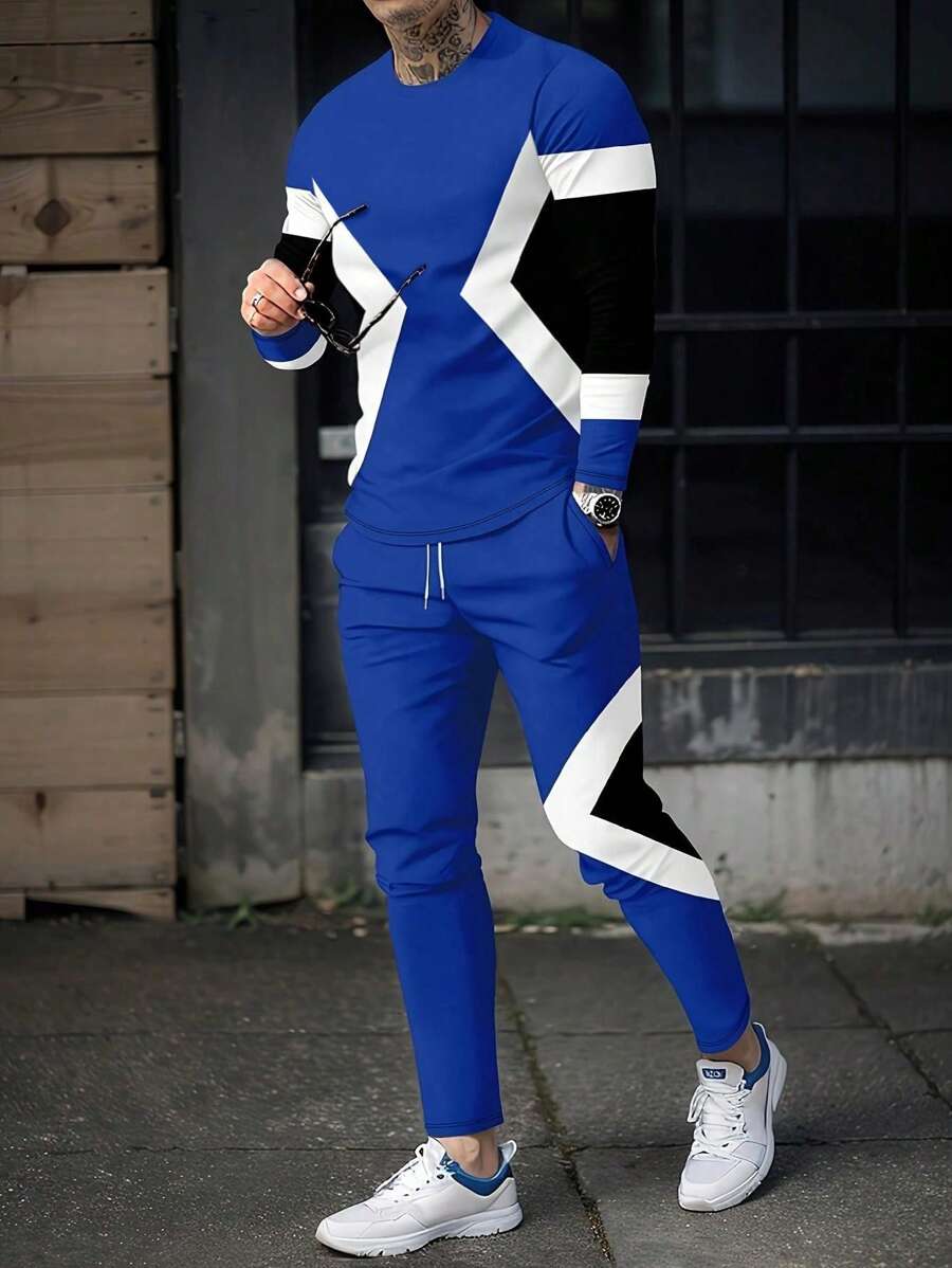 2 件男士几何印花拼色运动衫套装 - 柔软涤纶，圆领，常规版型，四季穿着 - 成人周末休闲装 - 藍色 - 查看 1