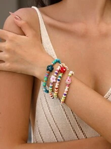 NAIZHU 1/4pcs Cross-Border Luxury Colorful Dopamine Glass Bead Stone Beaded Bracelet, Ceramic, Glass And Acrylic Strawberry Flower Mushroom Element Funky Jewelry, Random Colored Rice Beads - Multicolor - View 9