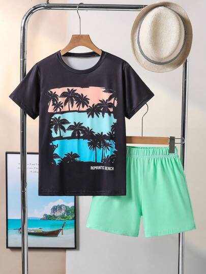 2 件男童休闲度假丝滑短袖 T 恤和松紧腰纯色短裤套装，春夏
