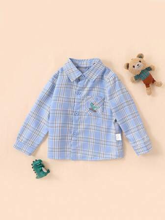 1 件装年轻男孩休闲卡通恐龙格子印花长袖衬衫，春/秋