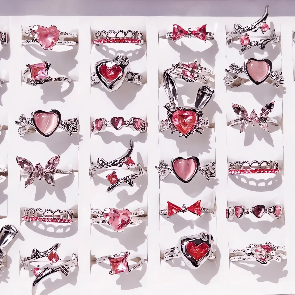 10Pcs Exquisite Pink Synthetic Zirconia Heart Love Butterfly Rings Set For Women Mix Style Fashion Open Adjustion Finger Jewelry Party Gifts