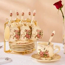 2set/6set Tea Cup And Saucer Set, 8 Oz Tea Cup Set, Teacup, Ceramic Tea Cup With Suacer Spoon, Ivory Vintage Rose Floral With Gold Leaves Trim, Gifts For Women Back To School